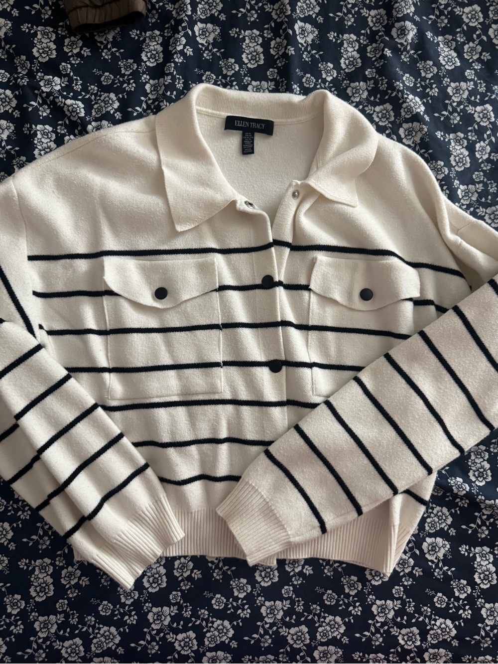 Ellen Tracy Cream and Black Striped Knit Cardigan Jacket